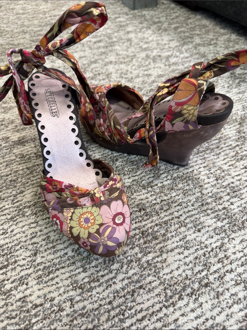 Seychelles Floral Tie-Detail Wedge Sandals in Brown, Pink, Yellow